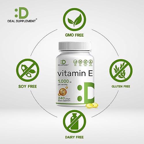 DEAL SUPPLEMENT Vitamin E Supplements, 1,000 IU Per Serving, 240 Softgels â€“ Extra Strength Antioxidant Protection â€“ Bioavailable Stable Form â€“ Skin, Heart, Brain, & Immune Support â€“ Non-GMO