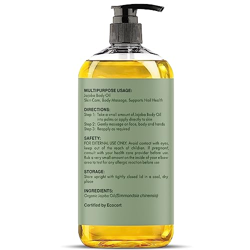 Majestic Pure Organic Jojoba Oil - Large 236 ML | 100% Pure and Natural, Cold-Pressed | Moisturizing for Skin Care, Massage, Hair Care, and to Dilute Essential Oils