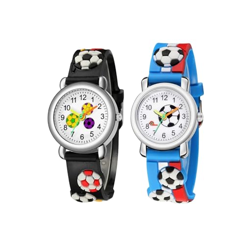 YCBXL 2 Packs Kids Watches for Boys 3D Football Cute Cartoon Silicone Children Toddler Wrist Watch Waterproof Time Teaching Easy to Read Watch