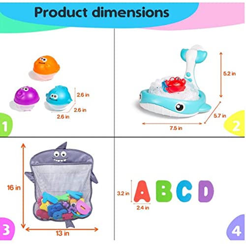 Baby Bath Toy Sets, 36 Foam Bath Letters and Numbers, Floating Squirts Animal Toys Set with Fishing Net and Organizer Bag, Fish Catching and Pitching Game for Babies Infants Toddlers Bathtub Time