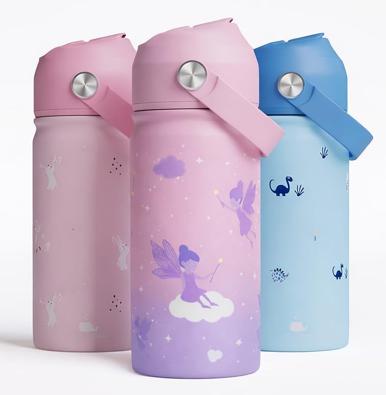 Stainless Steel Water Bottle for Kids - Leak Proof Kids Water Bottle for School - 380ML BPA-Free Toddler Water Bottle with Straw, Double Wall for Hot & Cold Liquids (Pink) - purple