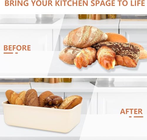 Bread Box, Large Bread Storage Container With Bamboo Wood Cutting Board Lid & Bread Slicer Holder, Rectangular Cream Color Bread Container, For Kitchen Countertop
