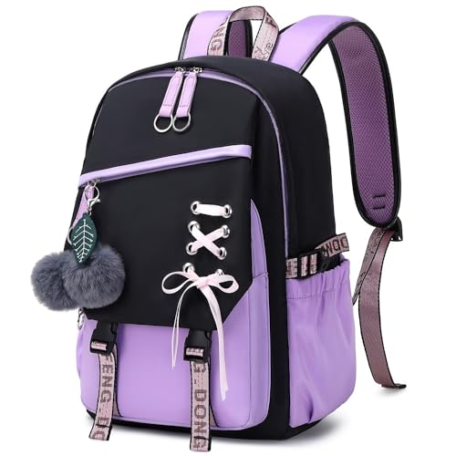 Teenage Girls Bookbag School Backpack Children Casual Daypack Schoolbag for Teens Black Purple