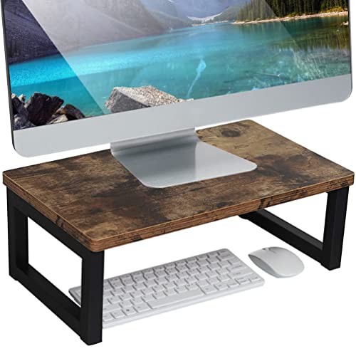 Angju Wood Vintage Monitor Stand Holder, PC Laptop Computer Screen Riser, Desktop Storage Organiser Shelf for Home or Office, 40 x 23 x 14cm, Dark Brown