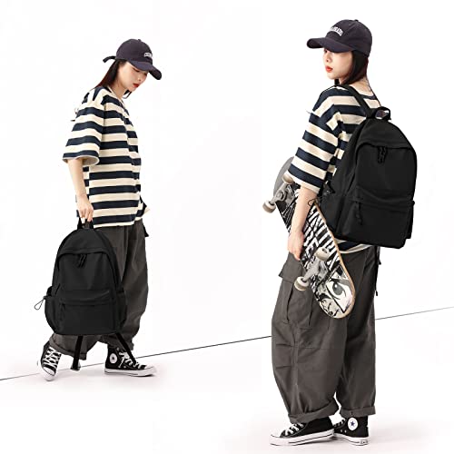 PAUBACK Black School Backpack, Cute Bookbag for School Teens Gilrs Boys, Lightweight Back Pack Rucksack for Women Men