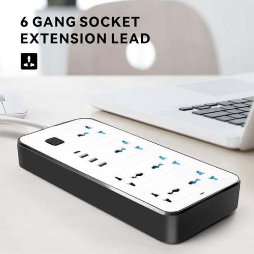 Eli-time Universal Extension Lead with Multiple Function, UK 3 Pin Socket Outlet with 6 Gang | 3 USB Port | 1 Type-C Port,2M Electric Socket Mains Strip for Home,Kitchen,and Office (White)
