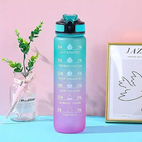 Sport Water Bottle 1L / 32oz with Motivational Time Marker Straw Strainer Tritan Plastic BPA Free Bottles for kids Fitness Gym Office Outdoor School Sports and Exercise Leak Proof (Green & Purple)