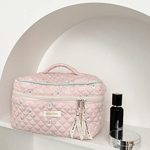Juoxeepy Cotton Makeup Bag Large Travel Cosmetic Bag Quilted Cosmetic Pouch Coquette Aesthetic Floral Toiletry Bag, A-White, 10x5.9x5.3in