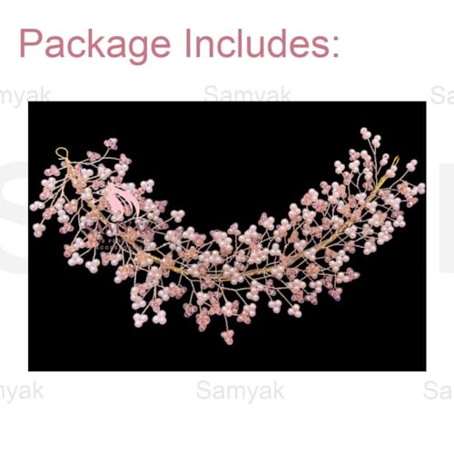 Samyak Crystal Pearl Hair Tiara Vine Hair Headband Headdress Hair Jewellery For Women | Hair Pin | Bun | Hair Accessory For Bridal Wedding Bridesmaid, Pink, Pack of 1