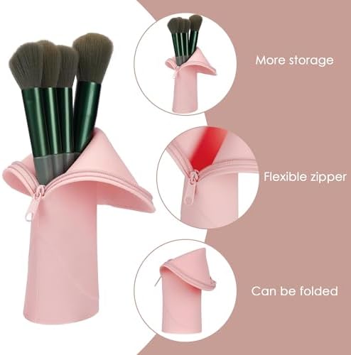 BIGTHREE Makeup Brush Bags, Silicone Small Makeup Brush Case, Travel Cosmetic Bag, Soft Waterproof Brushes Organiser with Zipper, Small Cosmetic Pouch for Women, Lightweight, Large Capacity(Pink)