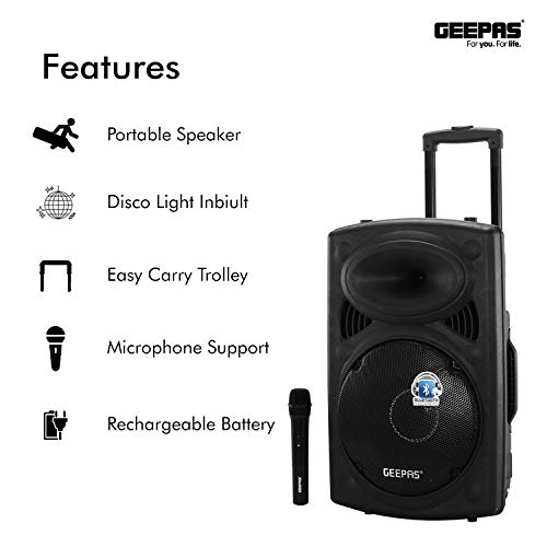 Geepas GMS8519 Rechargeable Trolley Bluetooth Speaker 40000W | 12" Woofer | with Wireless Microphones & LED Lights GMS8519 Geepas