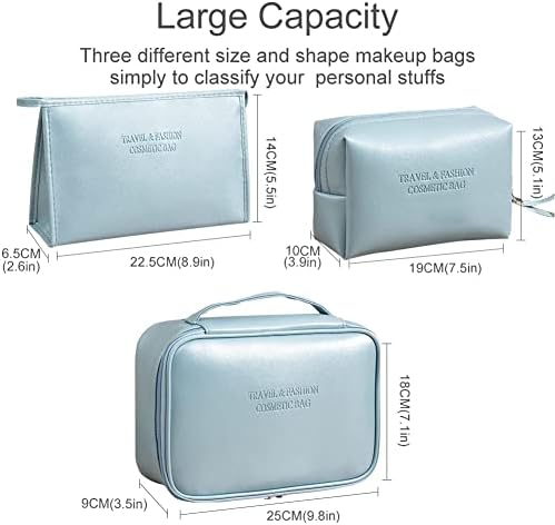 SYOSI 3 Pieces Makeup Bag, Cosmetic Bags, Pu Leather Large Make up Bag Organizer for Women and Girls Portable Waterproof Travel Toiletry Bag Pouch Travel Organizer Storage Cases (Leather Blue)