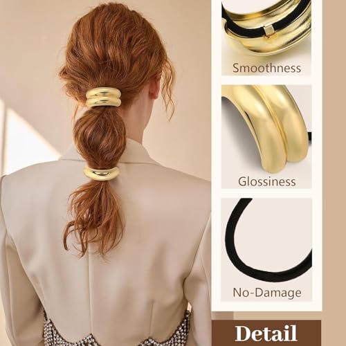 3PCS Metal Hair Ties, Elastic Gold Hair Ties for Think Hair, Elegant and Durable Geometric Design, Stretchy and Non-Damage, Gold Hair Accessories Ponytail Holders, 3 Styles in Box