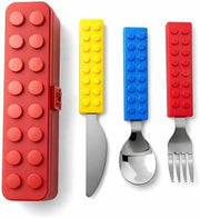 Stainless Steel Cutlery Set, Travel Utensils Set with Case Cutlery 3Pcs school Set Kids Utensils Set with 2 toys Reusable Fork and Spoon (blue red) - red