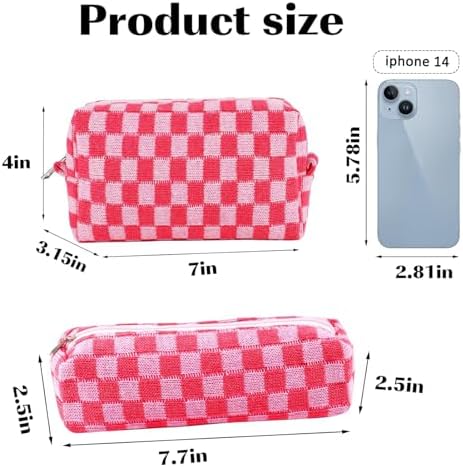 ZLFSRQ 3Pcs Checkered Makeup Bag for Women Large Cosmetic Bag Set Travel Toiletry Bag Makeup Pouch Bag for Purse Pink Zipper Storage Bag Organizer Cute Small Aesthetic Girls Car Essentials Bag