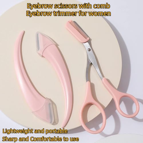 Paporich Eyebrow Trimmer Set Stainless Steel,Eyebrow Razor Eyebrow Scissors with Comb Beauty Tools, for Beginner Make Up Tool Hair Removal Accessories, for Men and Women (Pink, Pack of 3)