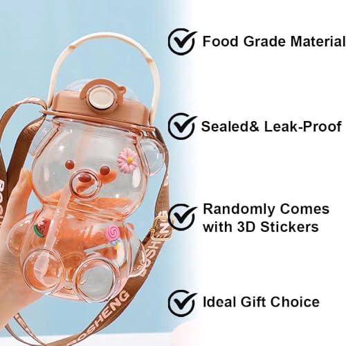 Bear Water Bottles, Kawaii Cute bears Water bottle Bear Cup with Straw, Cute Charms and Strap for School Gifts portable plastic large capacity water bottle