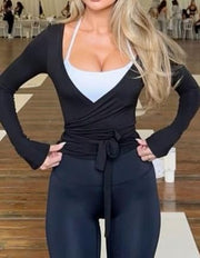 Women Wrap Yoga Shirts Long Sleeve Deep V Neck Tie Front Workout T Shirts Casual Slim Fit Sports Active Tops