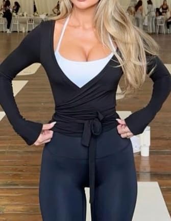 Women Wrap Yoga Shirts Long Sleeve Deep V Neck Tie Front Workout T Shirts Casual Slim Fit Sports Active Tops