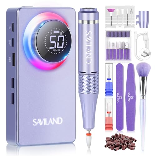 Saviland 50000 RPM Electric Nail Drill Kit - 6000mAH Electric Nail File with Ambiance Light for Acrylic Nails with 13 Nail Drill Bits Nail File Nail Buffer for Nails Manicure Kit Home DIY Salon Use
