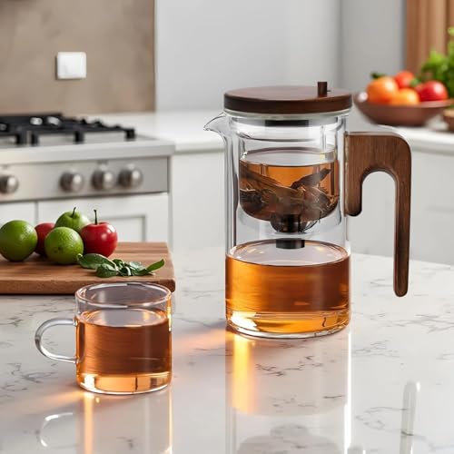 Enchanti Tea Pot, Glass Teapot with Infuser Strainer, Intelligent Water Glass Teapot with Dual Infusers Water Separation Technology,Magical Push Control Glasses Teapot for Loose Leaf&Herbal Teas-600ML