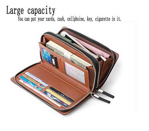 VANNANBA Men Clutch Wallet Large leather clutch bag Business Double Zip Handbag Blue Black