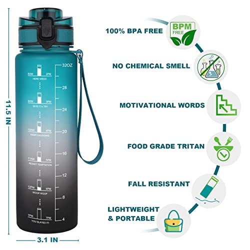 GEMFUL Water Bottle 1L with Straw Time Marker Tritan BPA Free for Fitness Gym Outdoor Sports (Green/black)