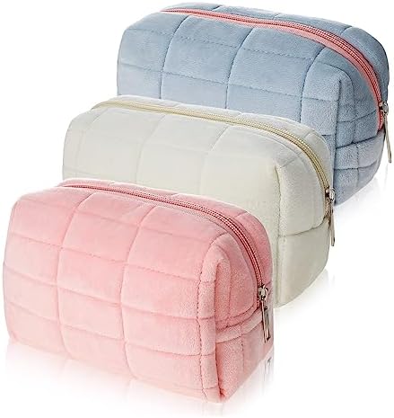 SYOSI Plush Makeup Bag, , 3 Pcs Checkered Cosmetic Bag Zipper Travel Bag Portable Multi Functional Capacity Bag Cute Makeup Brushes Storage Bag, Pink, Blue, White