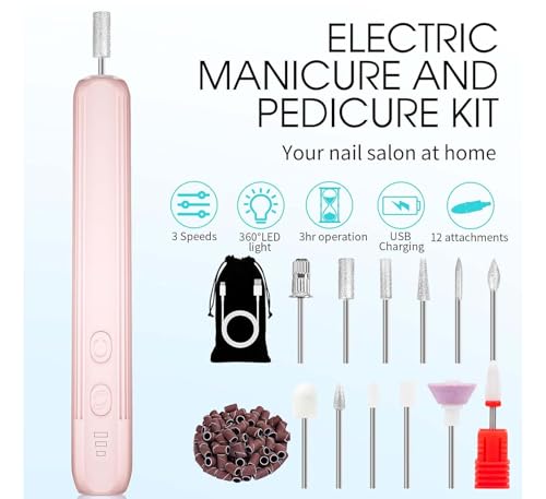 JOSQUEWNN Electric Nail Drill, Professional Manicure Pedicure Kit, Cordless Electric Nail File Set, Rechargeable Pedicure Tools for feet, 3 Speeds Hand Foot Care Nail Drill,100 Sanding Bands