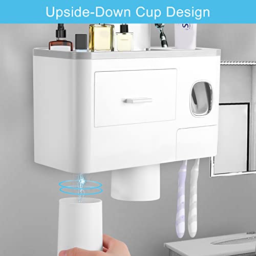 SKY-TOUCH 2 Cups Wall Mounted Toothbrush Holder, Multifunctional Space-Saving Toothbrush and Toothpaste Holder with Drawer for Cosmetics Organizer for Washroom and Bathroom
