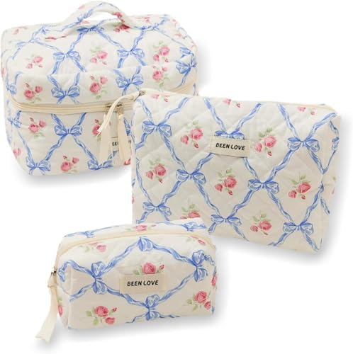 Quilted Cotton Makeup Pouch, Coquette Quilted Toiletry Bag for Women and Girls, Floral Coquette Organizer Bag, Aesthetic Travel Cosmetic Bags (White Shells Drawstring)