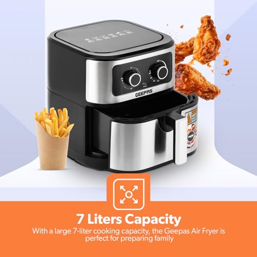 Geepas Vortex 7L Air Fryer GAF37506 - Convection Air Fryer with LED Touchscreen, 30 Minutes Timer & Non-Stick Basket - Oil Free, 2 Years Warranty, 1800W, Black