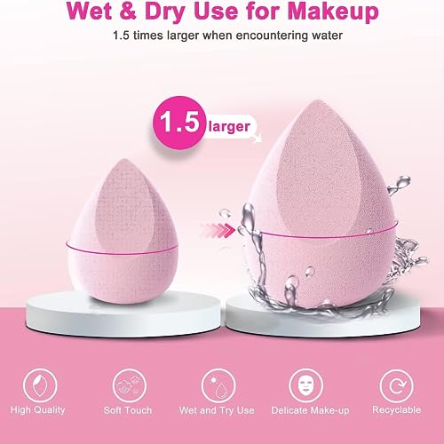 7 PCS Beauty Blender Makeup Sponge Set, Big and Mini Blender Sponges for Liquid, Creams and Powders, Foundation Blending Sponge Cosmetic Puff, Latex Free Wet and Dry Make up Sponge Pack of 7 (Pink)