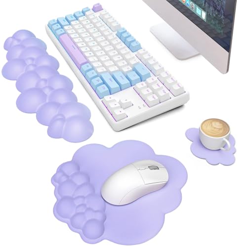 NALACAL Cloud Mouse Pad Wrist Support Keyboard Wrist Rest Set with Ergonomic Memory Foam,Non-Slip Base,Cloud Coasters for Home,Office,Laptop,Desktop Computer,Easy Typing Pain Relief-Purple