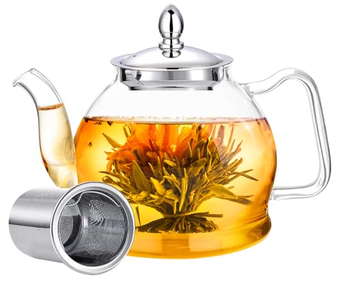 Yoawllty Glass Teapot with Infuser, 1000ml Borosilicate Tea Kittle,Glass Heat Resistant Clear Tea Pot with Infuser Strainer Removable Infuser for Microwavable and Stovetop Safe