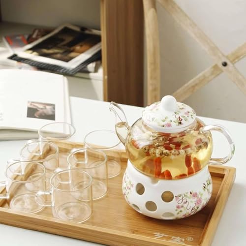 Lomeshow Chinese Flower Ceramic Teapot and Heater, ceramic arabic teapot, Ceramic Teapot with Infuser, Glass Tea Set, Tea Warmer Stand(Without Candle)-a-Base&teapot