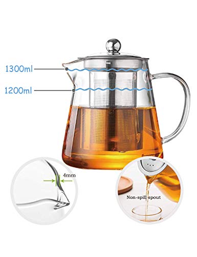 TMOST Glass Teapot with Infuser Tea Pot 32oz/43oz Tea Kettle Stovetop Safe Blooming and Loose Leaf Tea Maker Set (43oz/ 1300ml)