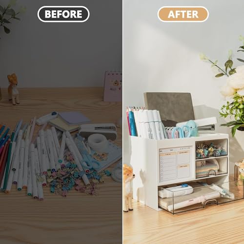 Angju Desk Organizer with 3 Drawer, Multi-Functional Pencil Pen Holder for Desk, Desk Organizers and Storage with 5 Compartments, Desktop Organizer for Office Home Art Supplies and Cosmetic