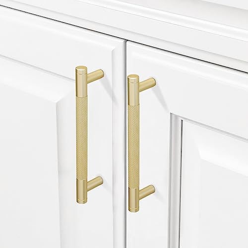 COTYKILEY 10 Pack 5 Inch(128mm) Brushed Brass Cabinet Handles Gold Knurled Kitchen Cabinet Pulls Cabinet Door Handles Kitchen Cabinet Hardware Cupboard Drawer Pulls Dresser Handles