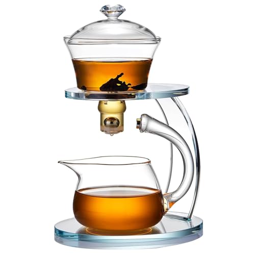Unbreakable Glass Teapot Set, 340ml Semi-Automatic Rotating Kungfu Tea Pot with Infuser, Borosilicate Glass Drip Teapot for Home, Tea House, Restaurant, Chinese Tea Ceremony