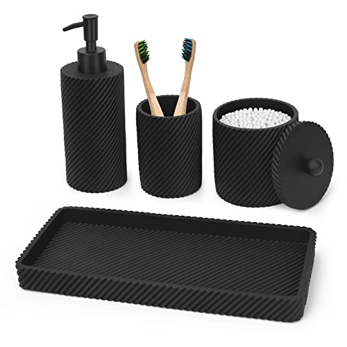LeucSuiok Bathroom Accessories Set 4Pcs-Lotion Soap Dispenser,Toothbrush Holder,Qtip Holder Dispenser,Vanity Tray for Decor Bathroom Countertop,Vanity Organizer-Matte Black