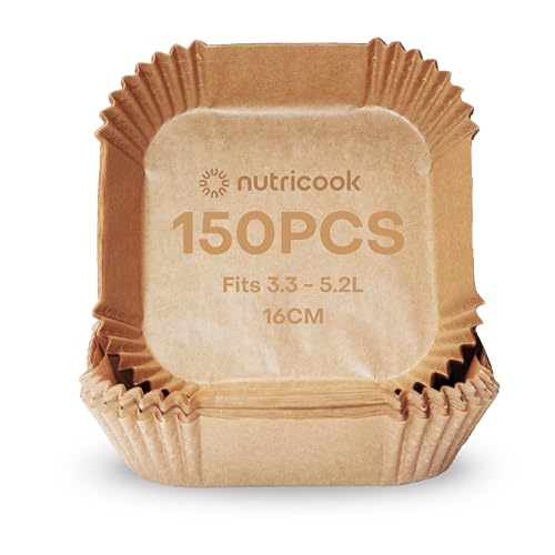 Nutricook 150 Pieces Disposable Air Fryer Liner, Water/oil proof for Baking, Roasting, and Air Frying Fits any brand from 3.3L to 5.2L Air fryers,16cm Square, NC-AFL100