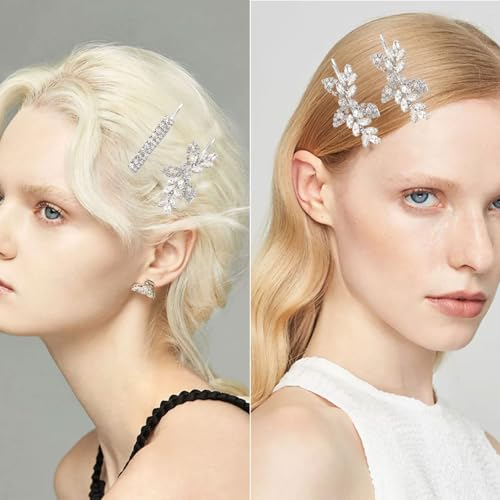 6 Pcs Rhinestone Bridal Hair Clip, Leaf Wedding Hairpin, Bride Crystal Hair Barrette Accessories For Women, Diamond Bobby Pins, Jewelry Barrette (Silver, Rhinestone Style)