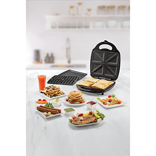 BLACK+DECKER 3-in-1 Sandwich, Waffle Maker, and Grill, 1400W, 4 Slice Capacity, Interchangeable Plates, 180° Flat Grill, Compact, Locking Clamp, Safe, Even Cooking, Black - TS4130-B5