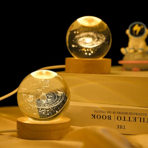 Aowin 3D Crystal Ball Night Light Galaxy Crystal Lamp LED Light with Wooden Base Glass Ball,Home Decoration Ornament,Birthday Gift for Girlfriend,Kids Crystal Ball Lamp,Warm Nightlight - Solar System