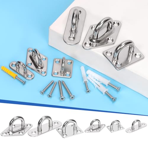 Glarks 36pcs M5 Stainless Steel Pad Eye Plate Hook Kit, Diamond Eye Plate U Hooks Heavy Duty Ceiling Hooks and Carabiner Clips Snap Hook for Ceiling and Mounting Hanging Hardware