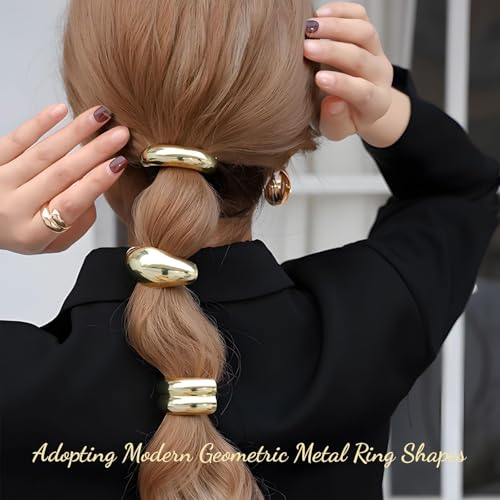 COOLive 3Pcs Metal Hair Ties,Metal Geometric Elastic Hair Ties,Ponytail Hair Cuff,Gold Hair Ties,Gold Hair Cuff Wrap for Thick Hair Gold Ponytail Cuff Elastic Hair Ties for Women Hair Accessories