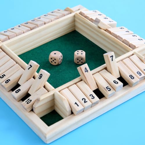 ECVV Shut The Box Dice Game 4 Sided Wooden Table Math Board Game for 1-4 Players Classic Family Game with 2 Dices for Family Classroom Home or Bar