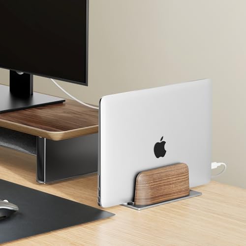 QinCoon Vertical Laptop Stand for Desk, Black Walnut Wood and Aluminium Laptop Holder for All MacBook, Surface, Samsung, HP, Dell, Chrome Book