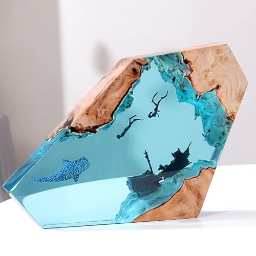 gernie Resin Diver and Humpback Whale LED Night Light, Large Handcrafted Wood Lamp for Home Decor, Desk Ornament